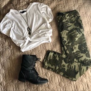 Camo Print Pants and Black Crop Top Outfit